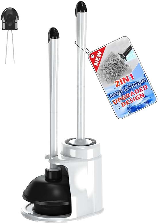 NEWE Toilet Brush and Plunger Set, 2 in 1 Toilet Plunger Heavy Duty, Toilet Brush and Holder with Hidden Tweezers, Toilet Bowl Brush for Bathroom Toilet - Image 1