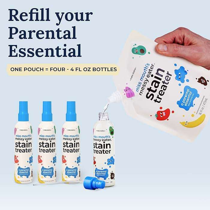 Miss Mouth’s Messy Eater Stain Treater Refill Ready Kit - 2 Pack Stain Remover Spray and 16oz Refill Pouch - Newborn & Baby Essentials - Food, Grease, Coffee Off Laundry, Underwear, Fabric - Image 3