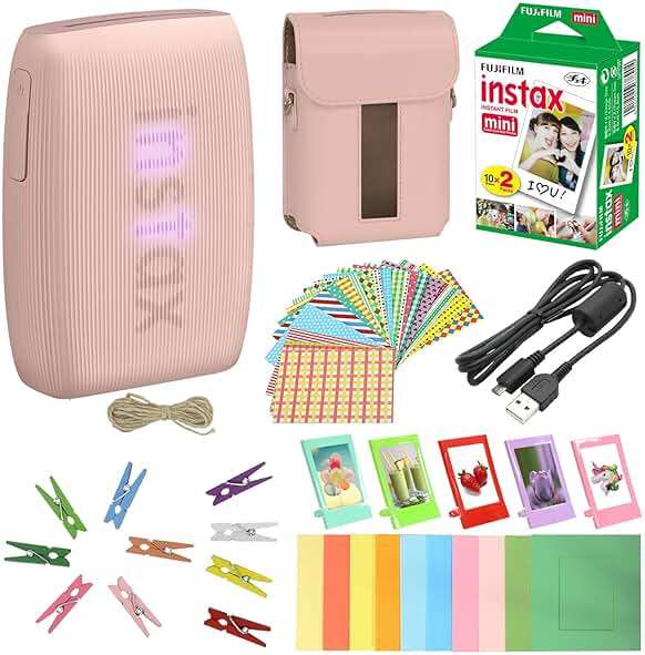 Bundle with Compatible Fuji Mini Link 3 Smartphone Printer Clay White + Fuji Film Value Pack 20 Sheets Accessories Bundle with Album + 5 Plastic Desk Frames + Paper & Sticker Frames (Rose Pink) - Image 1