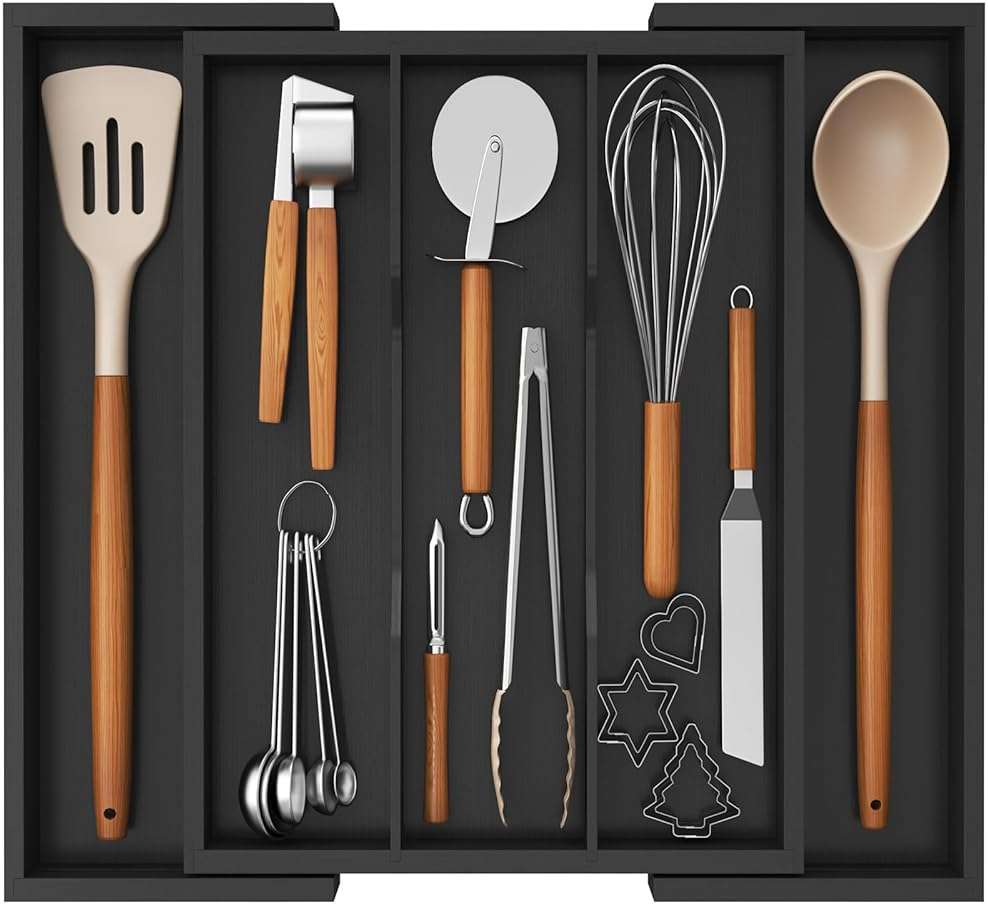 Lifewit Utensil Organizer for Kitchen Drawer, Expandable Cooking Utensil Tray, Cutlery Silverware Flatware Holder, Wood Adjustable Spatula Tools Storage Divider, 13-22x15/ 33-56x38cm, Black - Image 1