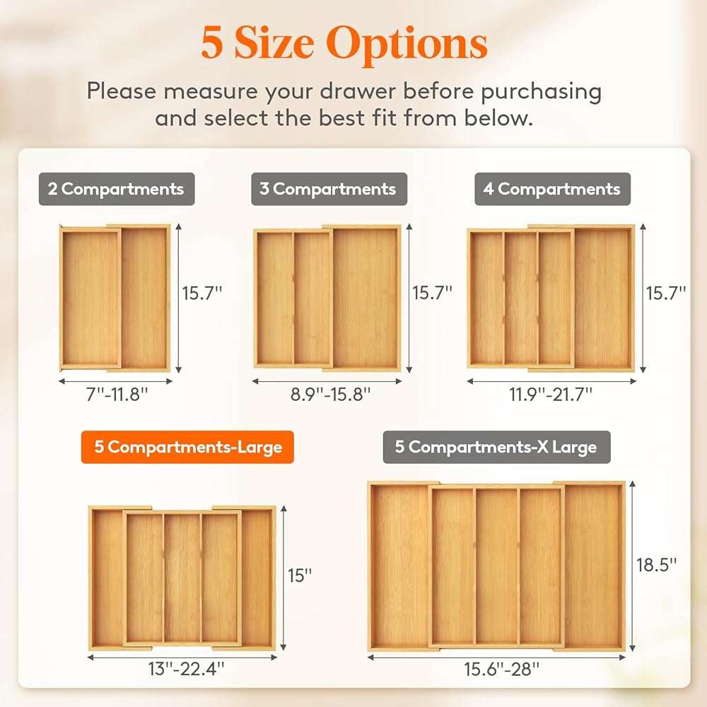 Lifewit Utensil Organizer for Kitchen Drawer, Expandable Cooking Utensil Tray, Cutlery Silverware Flatware Holder, Wood Adjustable Spatula Tools Storage Divider, 13-22x15/ 33-56x38cm, Black - Image 2