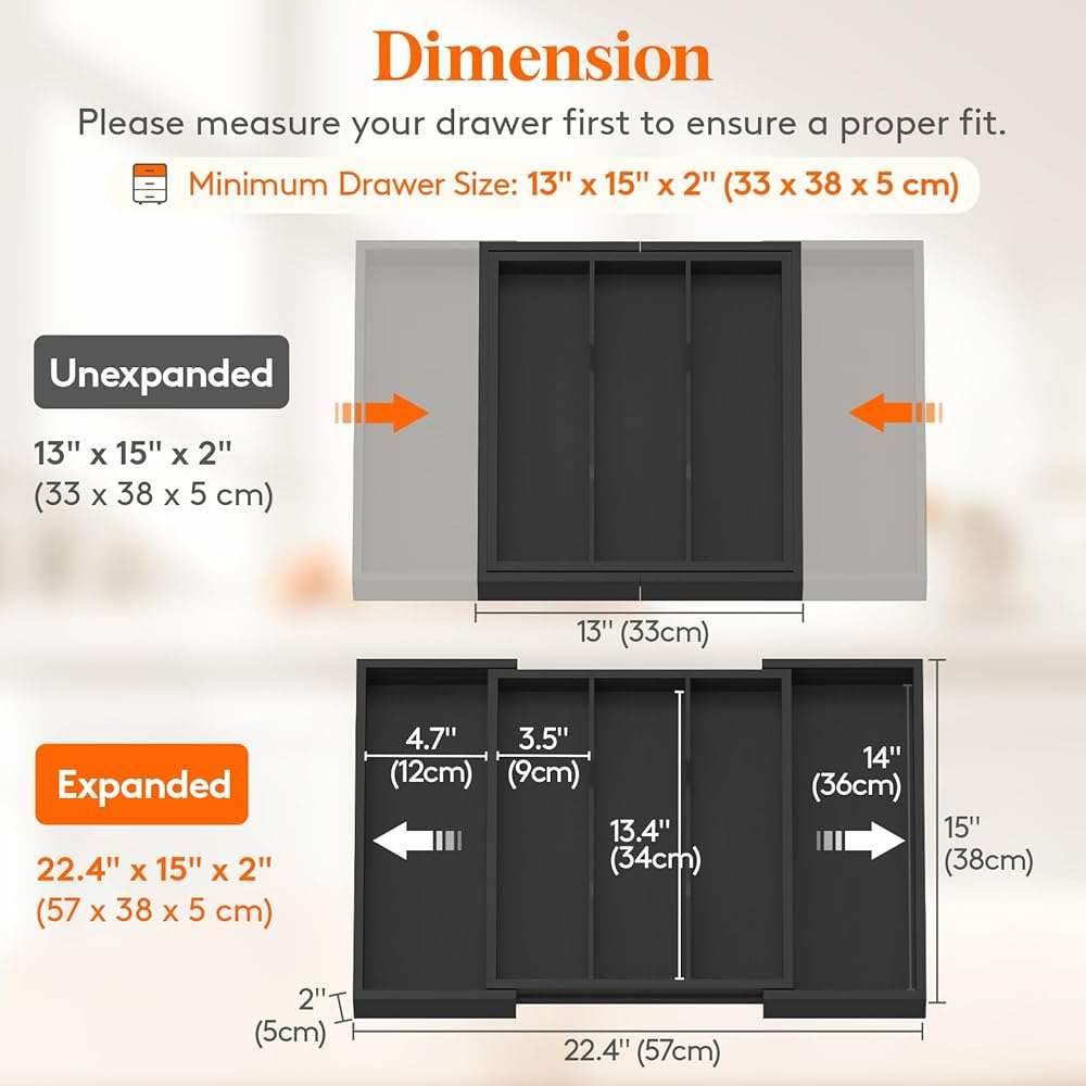 Lifewit Utensil Organizer for Kitchen Drawer, Expandable Cooking Utensil Tray, Cutlery Silverware Flatware Holder, Wood Adjustable Spatula Tools Storage Divider, 13-22x15/ 33-56x38cm, Black - Image 3