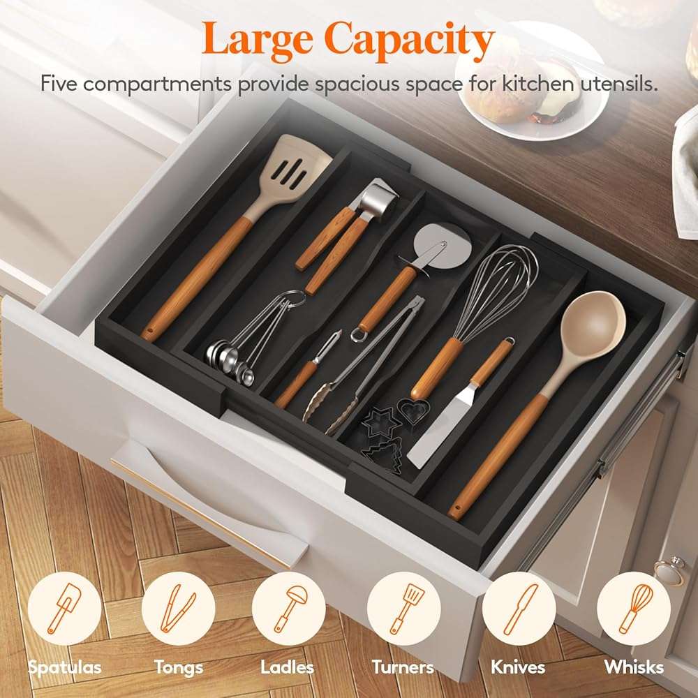Lifewit Utensil Organizer for Kitchen Drawer, Expandable Cooking Utensil Tray, Cutlery Silverware Flatware Holder, Wood Adjustable Spatula Tools Storage Divider, 13-22x15/ 33-56x38cm, Black - Image 4