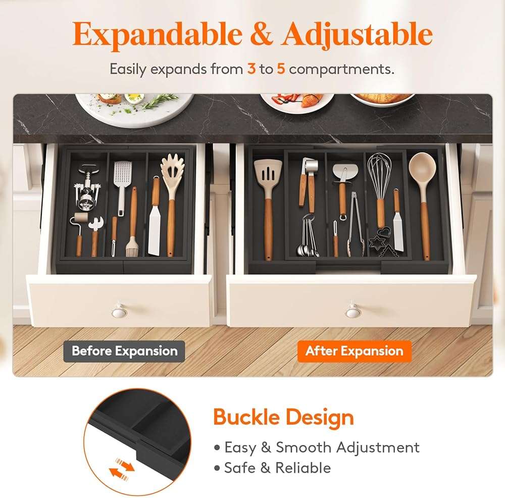 Lifewit Utensil Organizer for Kitchen Drawer, Expandable Cooking Utensil Tray, Cutlery Silverware Flatware Holder, Wood Adjustable Spatula Tools Storage Divider, 13-22x15/ 33-56x38cm, Black - Image 5