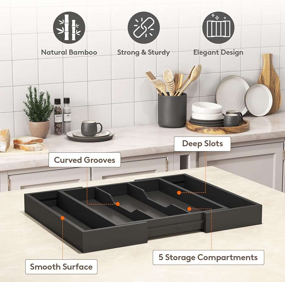 Lifewit Utensil Organizer for Kitchen Drawer, Expandable Cooking Utensil Tray, Cutlery Silverware Flatware Holder, Wood Adjustable Spatula Tools Storage Divider, 13-22x15/ 33-56x38cm, Black - Image 6