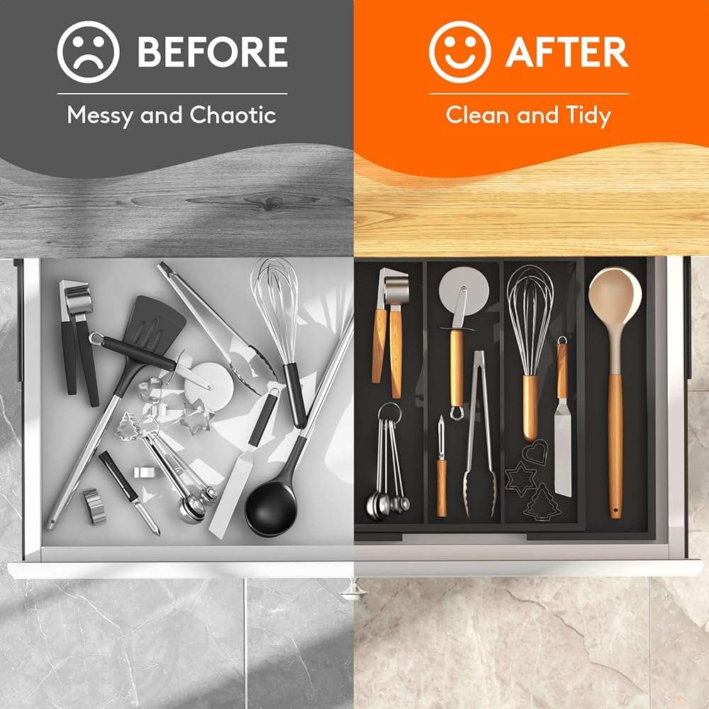 Lifewit Utensil Organizer for Kitchen Drawer, Expandable Cooking Utensil Tray, Cutlery Silverware Flatware Holder, Wood Adjustable Spatula Tools Storage Divider, 13-22x15/ 33-56x38cm, Black - Image 7