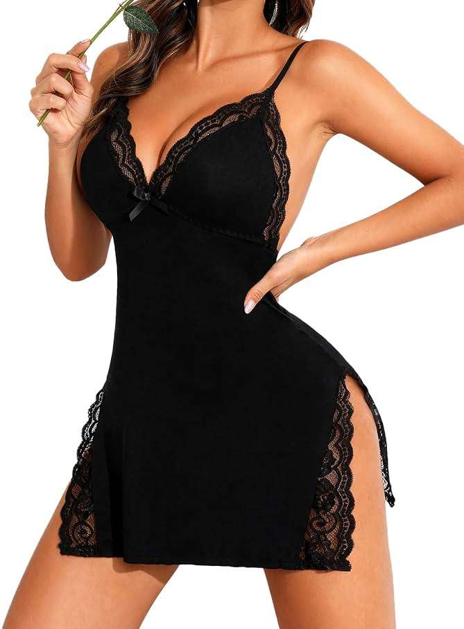 Girece Lingerie for Women Sexy Nightgown Lace Trim Sleep Dress with Side Slit Night Gowns Soft Loungewear Sleepwear - Image 1