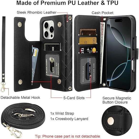 Vofolen Compatible with iPhone 16 Pro Case with Card Holder Crossbody Wrist Strap Leather Flip Case with Magnetic Clasp Kickstand Heavy Duty Protective Wallet Phone Case for Women, 6.3 Inch Black - Image 2
