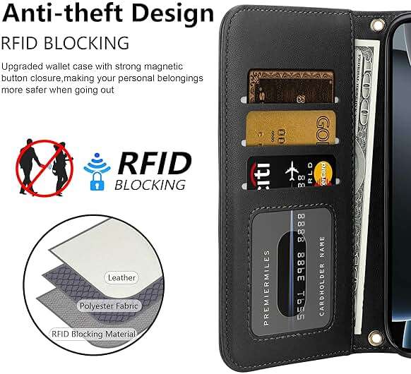 Vofolen Compatible with iPhone 16 Pro Case with Card Holder Crossbody Wrist Strap Leather Flip Case with Magnetic Clasp Kickstand Heavy Duty Protective Wallet Phone Case for Women, 6.3 Inch Black - Image 7
