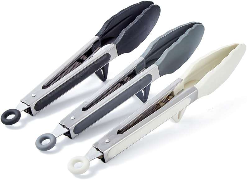 9" Kitchen Tongs, 3Pcs Tongs for Cooking with Silicone Tips, Food Grade Small Silicone Tong, Mini Serving Tong for BBQ Salad(Black,Grey, White) - Image 1