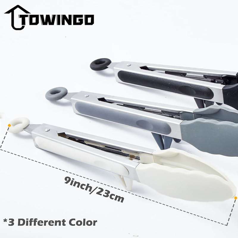 9" Kitchen Tongs, 3Pcs Tongs for Cooking with Silicone Tips, Food Grade Small Silicone Tong, Mini Serving Tong for BBQ Salad(Black,Grey, White) - Image 3
