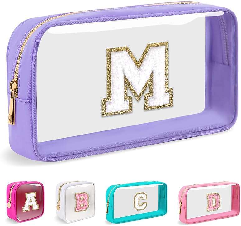 Small Clear Personalized Initial Makeup Bag,Nylon Preppy A-Z Chenille Letter Patch Cosmetic Pouch Beach Toiletry Bag,Waterproof Zip Travel Purse Storage Bag Organizer for Women Girls(Purple-White M) - Image 1