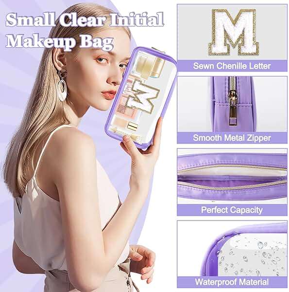 Small Clear Personalized Initial Makeup Bag,Nylon Preppy A-Z Chenille Letter Patch Cosmetic Pouch Beach Toiletry Bag,Waterproof Zip Travel Purse Storage Bag Organizer for Women Girls(Purple-White M) - Image 3