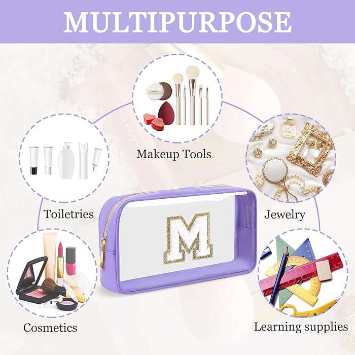 Small Clear Personalized Initial Makeup Bag,Nylon Preppy A-Z Chenille Letter Patch Cosmetic Pouch Beach Toiletry Bag,Waterproof Zip Travel Purse Storage Bag Organizer for Women Girls(Purple-White M) - Image 4
