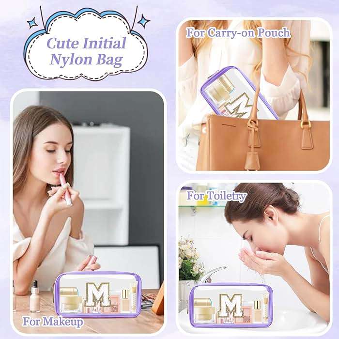 Small Clear Personalized Initial Makeup Bag,Nylon Preppy A-Z Chenille Letter Patch Cosmetic Pouch Beach Toiletry Bag,Waterproof Zip Travel Purse Storage Bag Organizer for Women Girls(Purple-White M) - Image 5