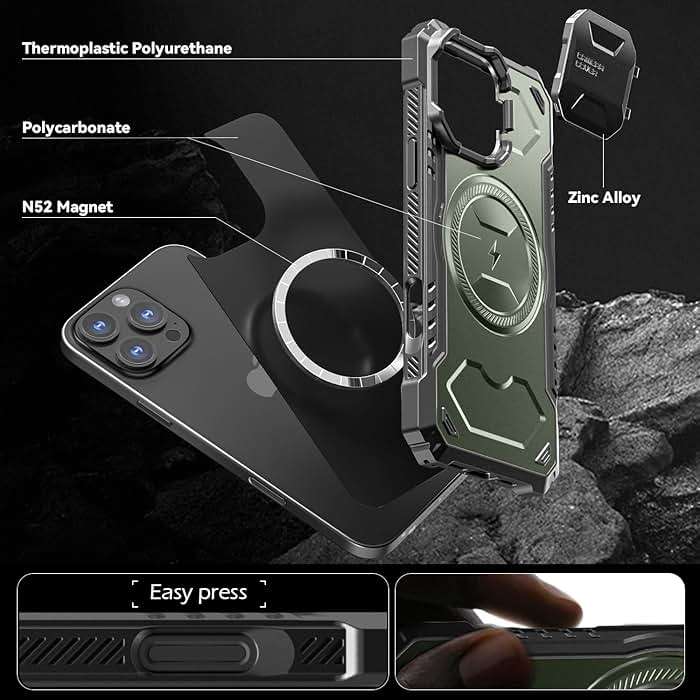 ALAFLY for iPhone 16 Pro Max Case with Camera Cover Kickstand, Heavy Duty, Military Grade Protection, Build-in Magnet Compatible with MagSafe, Shockproof Protective Case, Green - Image 5