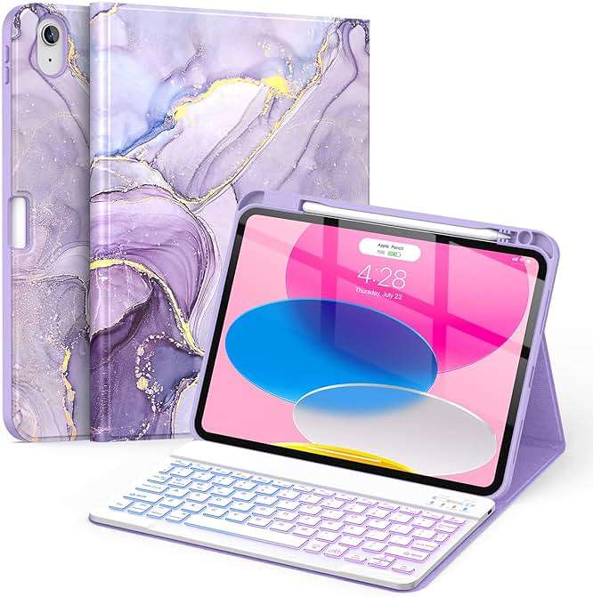 Soke for iPad (A16) 11th/10th Generation Case with Keyboard(2025/2022)-7 Color Backlight Wireless Detachable Folio Keyboard Cover with Built-in Pencil Holder for iPad 11/10.9 inch, Violet Marble - Image 1