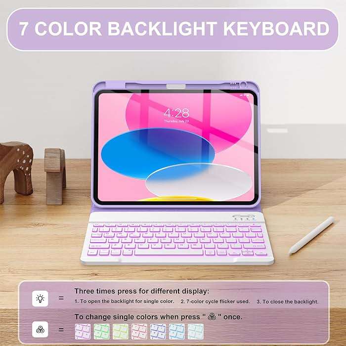 Soke for iPad (A16) 11th/10th Generation Case with Keyboard(2025/2022)-7 Color Backlight Wireless Detachable Folio Keyboard Cover with Built-in Pencil Holder for iPad 11/10.9 inch, Violet Marble - Image 4