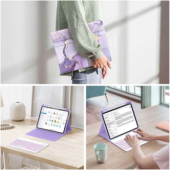 Soke for iPad (A16) 11th/10th Generation Case with Keyboard(2025/2022)-7 Color Backlight Wireless Detachable Folio Keyboard Cover with Built-in Pencil Holder for iPad 11/10.9 inch, Violet Marble - Image 5