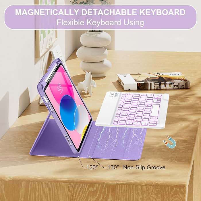 Soke for iPad (A16) 11th/10th Generation Case with Keyboard(2025/2022)-7 Color Backlight Wireless Detachable Folio Keyboard Cover with Built-in Pencil Holder for iPad 11/10.9 inch, Violet Marble - Image 6