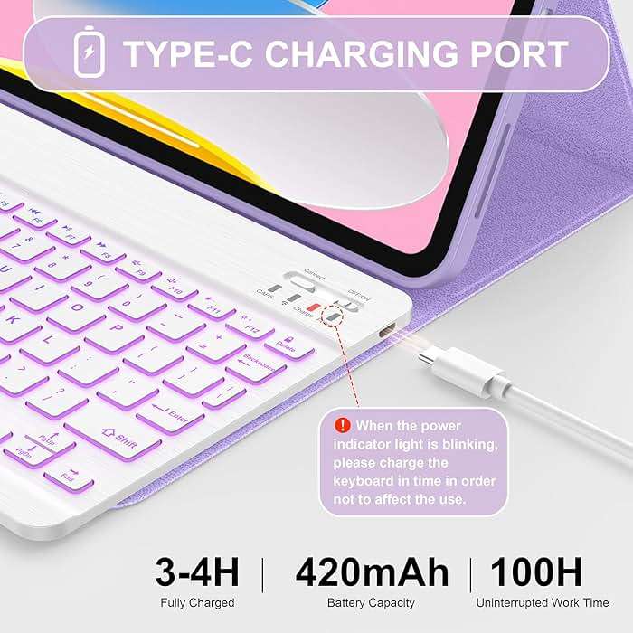Soke for iPad (A16) 11th/10th Generation Case with Keyboard(2025/2022)-7 Color Backlight Wireless Detachable Folio Keyboard Cover with Built-in Pencil Holder for iPad 11/10.9 inch, Violet Marble - Image 7