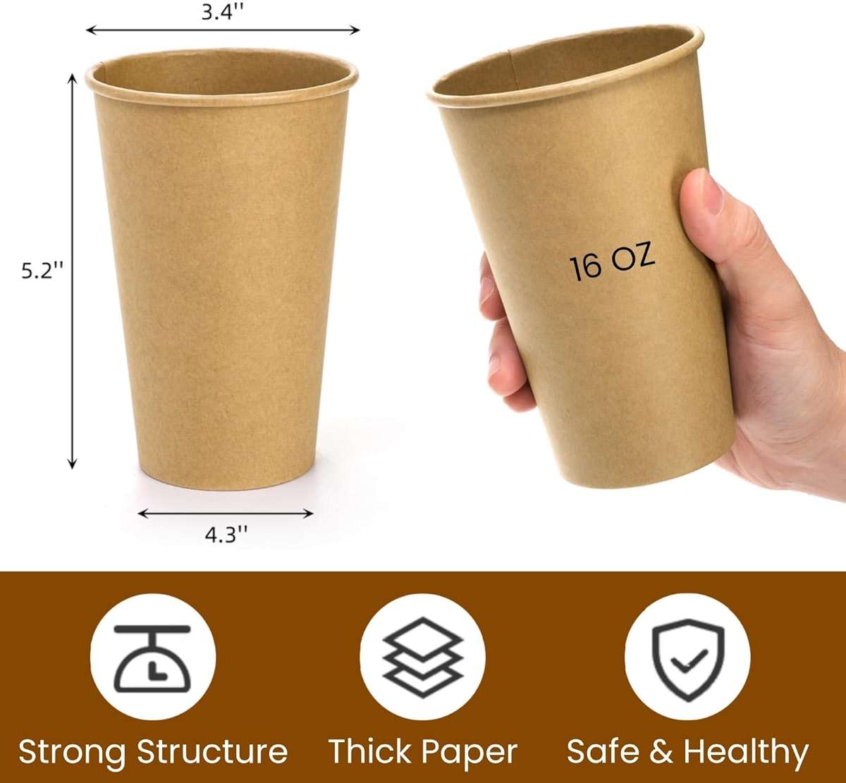 Nagpew 180 Pack 16 Oz Paper Coffee Cups, Kraft Disposable Brown Paper Cups, Unbleached Leak-proof Hot Drink Cup Water Beverage Juice Drinking Container for Home, Party, Office, Cafe - Image 3