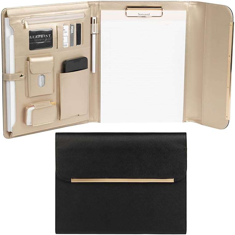 BLU MONACO | Black Vegan Leather Portfolio Binder for Women | Professional Padfolio with Magnetic Closure & Gold Trim | Business Organizer Case for Documents & 8.5 x 11 Notepad - Image 1