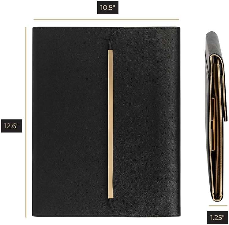 BLU MONACO | Black Vegan Leather Portfolio Binder for Women | Professional Padfolio with Magnetic Closure & Gold Trim | Business Organizer Case for Documents & 8.5 x 11 Notepad - Image 2