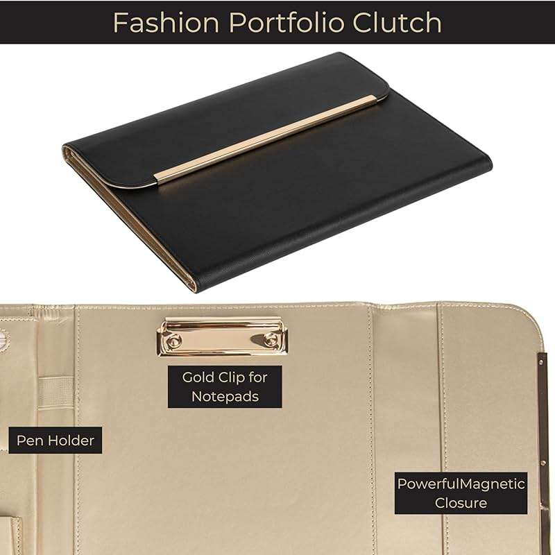 BLU MONACO | Black Vegan Leather Portfolio Binder for Women | Professional Padfolio with Magnetic Closure & Gold Trim | Business Organizer Case for Documents & 8.5 x 11 Notepad - Image 4