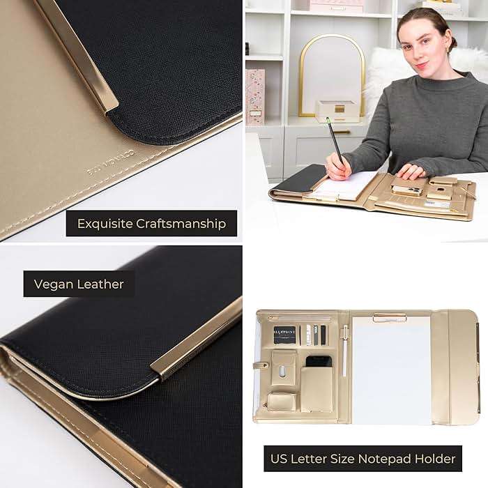 BLU MONACO | Black Vegan Leather Portfolio Binder for Women | Professional Padfolio with Magnetic Closure & Gold Trim | Business Organizer Case for Documents & 8.5 x 11 Notepad - Image 7