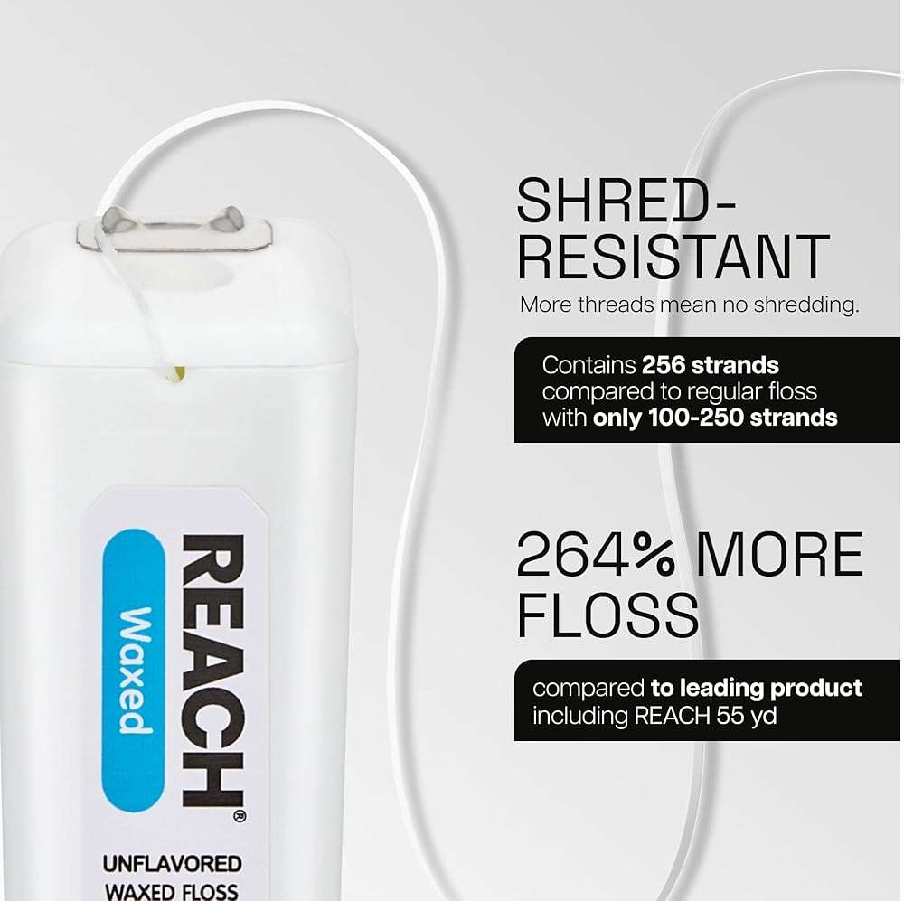 REACH Waxed Dental Floss, Unflavored, 3.6X More Value, Plaque Remover for Teeth, Shred Resistant, Floss Slides Smoothly, Easy to Use, Waxed, Oral Care, PFAS Free, for Adults & Kids, 2 Pack, 200 yd - Image 3