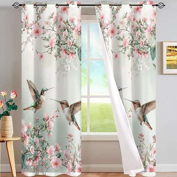 Cugasmaru Hummingbird Blackout Curtains for Bedroom Floral 84 Inch Blackout Curtains 2 Panel Set Fancy Insulated Room Darkening Curtains for Living Room Window Treatments 84" W X 52" L - Image 1