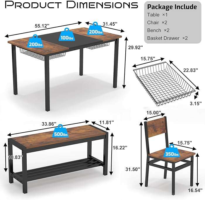 NAIYUFA Dining Table Set for 4-6 People,Industrial Dining Table with 2 Benches and 2 Chairs,Kitchen Table Set with Storage Rack for Dining Room,Saving Space,Rustic Brown - Image 2