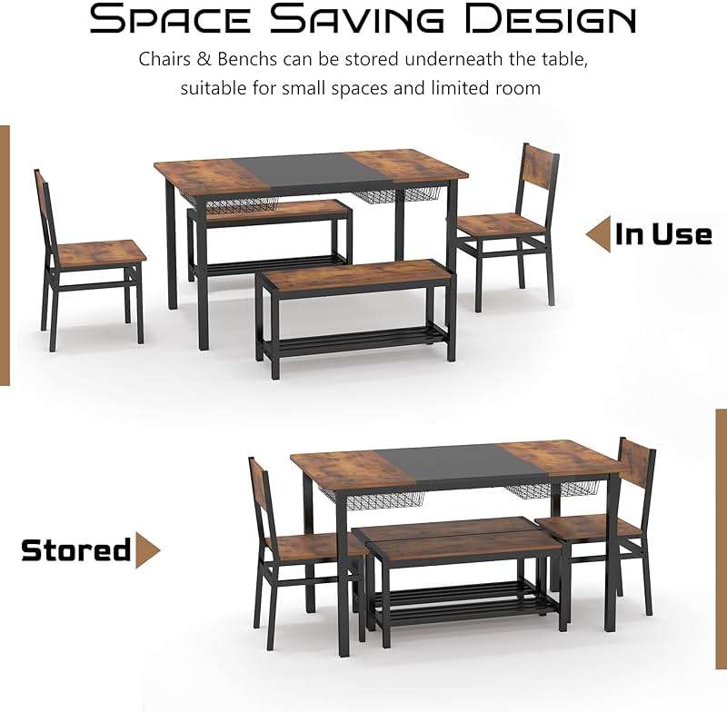 NAIYUFA Dining Table Set for 4-6 People,Industrial Dining Table with 2 Benches and 2 Chairs,Kitchen Table Set with Storage Rack for Dining Room,Saving Space,Rustic Brown - Image 3