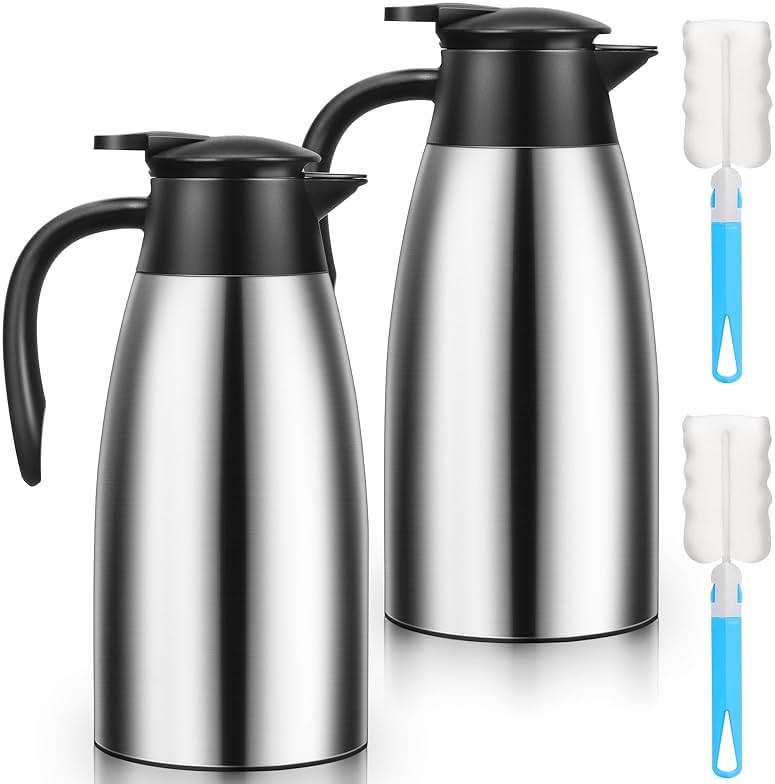 Essenya 2 PCS 68 OZ Thermal Coffee Carafe, Insulated Stainless Steel Coffee Carafe Double Walled Vacuum Thermal Pot Flask with Brushes for Keeping Hot Coffee Tea Home and Office (Silver) - Image 1