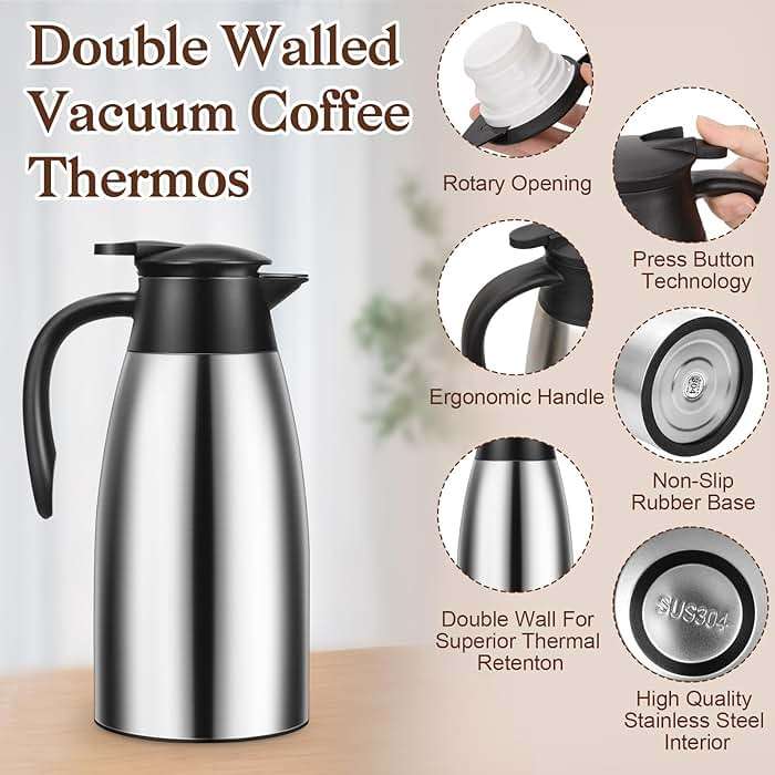 Essenya 2 PCS 68 OZ Thermal Coffee Carafe, Insulated Stainless Steel Coffee Carafe Double Walled Vacuum Thermal Pot Flask with Brushes for Keeping Hot Coffee Tea Home and Office (Silver) - Image 5