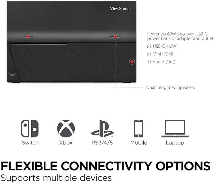 ViewSonic VX1654 16 Inch 1080p Portable Gaming Monitor, IPS Display with 144Hz for Smooth Mobile Workspaces and Fast-Action Gaming, Built-in Stand, 60W USB-C, and Mini HDMI Inputs - Image 5