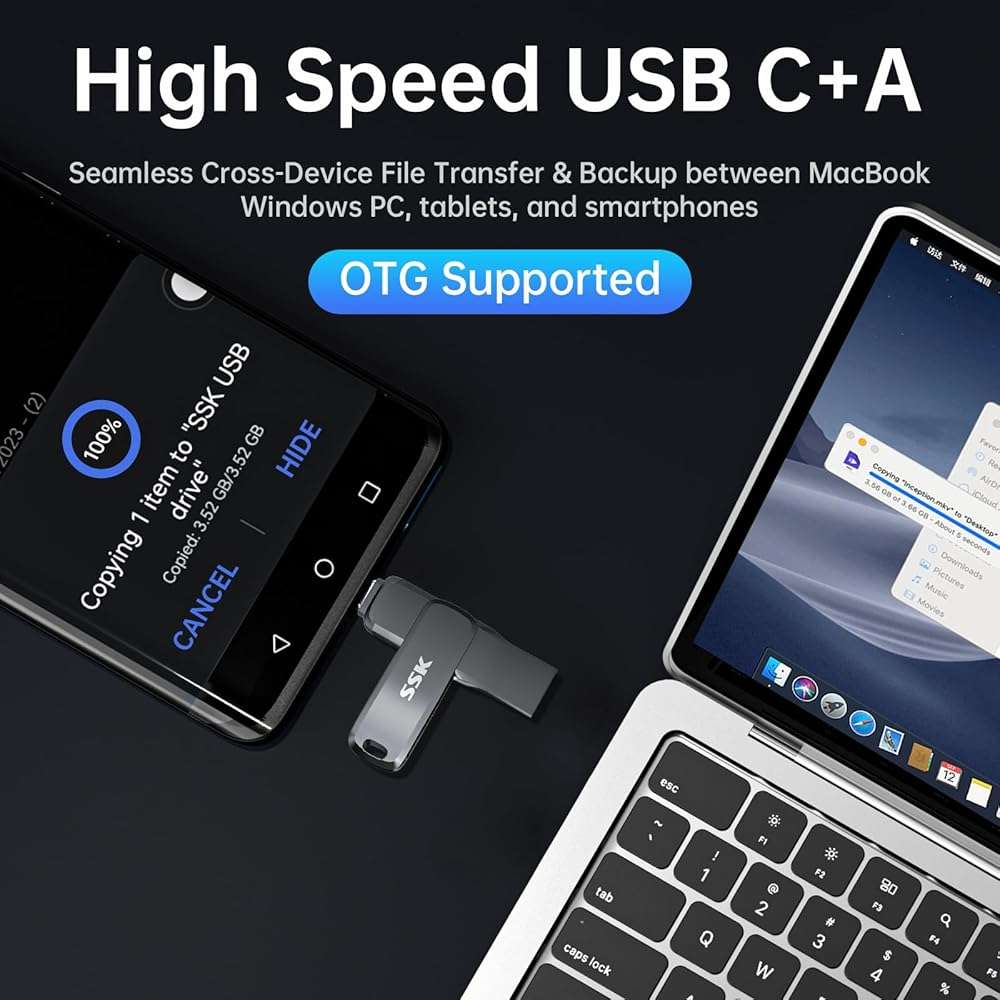 SSK USB 3.2 Flash Drive 64GB,Up to 240 MB/S Read Speed USB C Memory Stick,Dual USB C Thumb Drive with USB Type-C and USB A,Robust Black Metal Pen Drive for Smartphones,Tablets,Mac,Laptop,Car,TV - Image 2