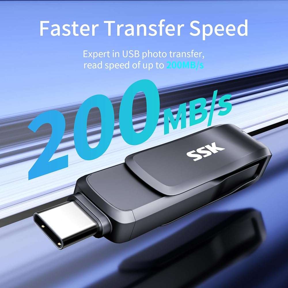 SSK USB 3.2 Flash Drive 64GB,Up to 240 MB/S Read Speed USB C Memory Stick,Dual USB C Thumb Drive with USB Type-C and USB A,Robust Black Metal Pen Drive for Smartphones,Tablets,Mac,Laptop,Car,TV - Image 3