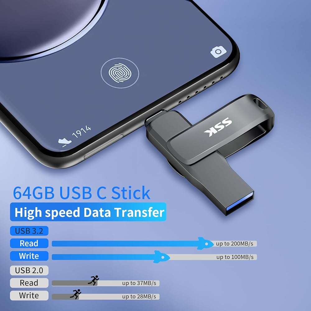 SSK USB 3.2 Flash Drive 64GB,Up to 240 MB/S Read Speed USB C Memory Stick,Dual USB C Thumb Drive with USB Type-C and USB A,Robust Black Metal Pen Drive for Smartphones,Tablets,Mac,Laptop,Car,TV - Image 4