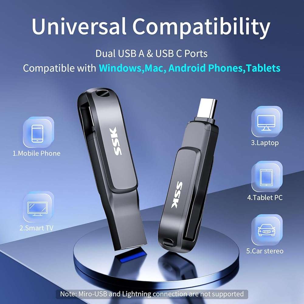 SSK USB 3.2 Flash Drive 64GB,Up to 240 MB/S Read Speed USB C Memory Stick,Dual USB C Thumb Drive with USB Type-C and USB A,Robust Black Metal Pen Drive for Smartphones,Tablets,Mac,Laptop,Car,TV - Image 7
