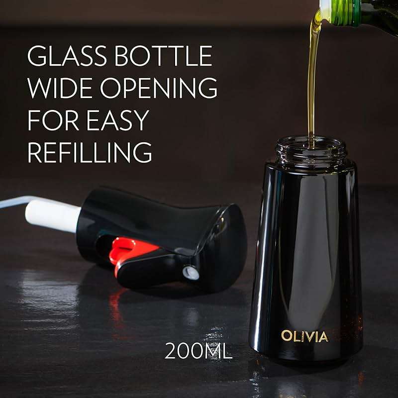 OLIVIA SIGNATURE Advanced Kitchen Oil Sprayer with Flairosol Technology, Fine Mist & Portion Control, Refillable Glass Cooking Spray Bottle, Anti-Drip & Leakproof, Air Fryer, Salad, BBQ, 200ml(Black) - Image 6