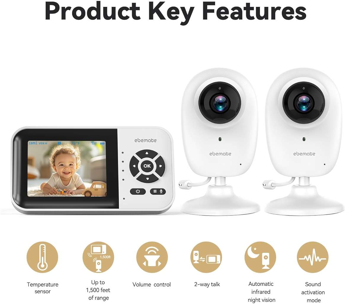 ebemate WiFi Video Baby Monitor with 2 Camera,2.8" Display with 1500Ft Long Range,WiFi On/Off,1080P No Glow Night Vision,2-Way Talk Baby Cam Monitoring - Image 2