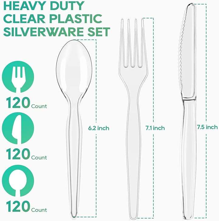 FOCUSLINE 360 Count Clear Plastic Silverware, 120 Forks, Knives and Spoons Each, BPA-Free, Heavy Duty Disposable Cutlery Set, Premium Disposable Flatware Plastic Utensils for Party Everyday Use - Image 3
