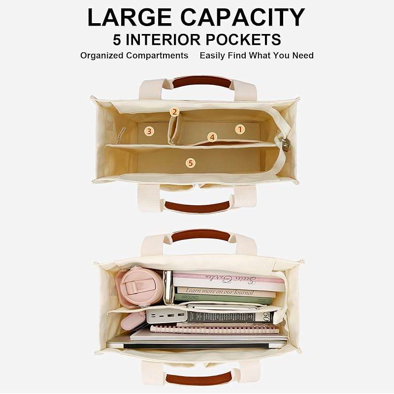 KKXIU Large Canvas Tote Bag for Women with Zipper and Compartments Crossbody Work Bible Messenger Purse Bag With Pockets - Image 3