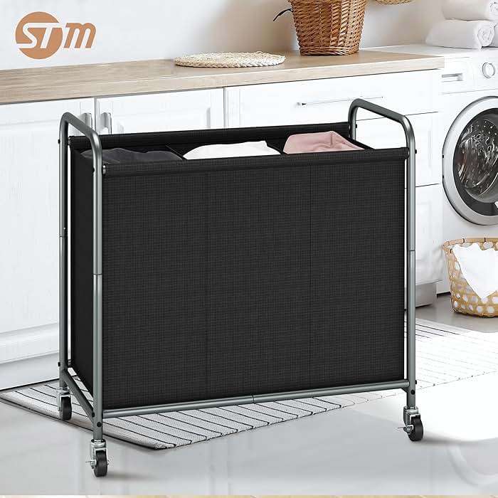 STORAGE MANIAC Rolling Laundry Hamper, 165L Laundry Basket with Lockable Wheels, Triple Clothes Sorter Cart, 3 Bag Clothes Separator Hamper for Closet, Bathroom, Laundrys Room, 3 Section Black - Image 2