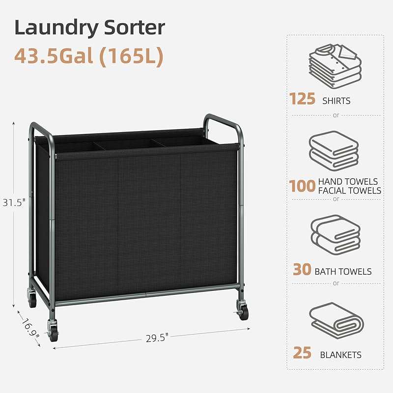 STORAGE MANIAC Rolling Laundry Hamper, 165L Laundry Basket with Lockable Wheels, Triple Clothes Sorter Cart, 3 Bag Clothes Separator Hamper for Closet, Bathroom, Laundrys Room, 3 Section Black - Image 3