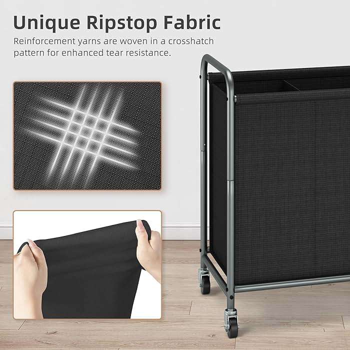 STORAGE MANIAC Rolling Laundry Hamper, 165L Laundry Basket with Lockable Wheels, Triple Clothes Sorter Cart, 3 Bag Clothes Separator Hamper for Closet, Bathroom, Laundrys Room, 3 Section Black - Image 4
