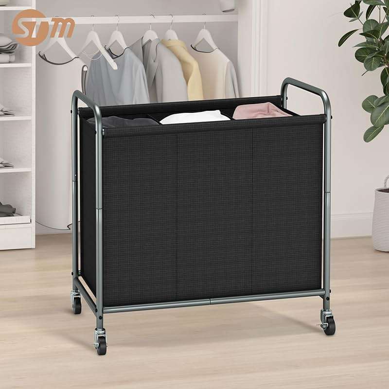 STORAGE MANIAC Rolling Laundry Hamper, 165L Laundry Basket with Lockable Wheels, Triple Clothes Sorter Cart, 3 Bag Clothes Separator Hamper for Closet, Bathroom, Laundrys Room, 3 Section Black - Image 7