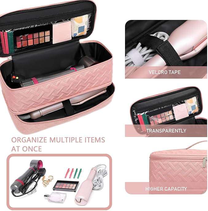 ARLMEGOR Double-Layer Travel Carrying Case for Revlon One-Step Hair Dryer Brush/Volumizer Styler Shark FlexStyle Attachment Portable Storage Organizer Bag Hair Tools Travel Bag (Pink) - Image 4